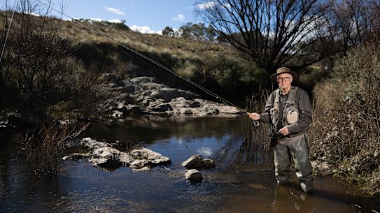 Portrait of Guy Verney, casting a wet fly for rainbow trout in Yandyguinula Creek. Trout fishers have been surprised by a recent NSW government decision to halt stocking of the non-native species in several creeks in the Southern Tablelands. Monday 20 May 2024. 