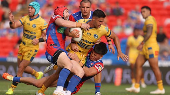 Parramatta’s Dylan Brown on the attack against Newcastle. He could potentially be playing for the Knights next yhear.