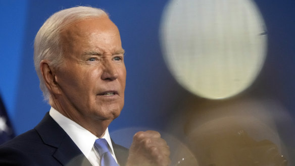 President Joe Biden speaks at a news conference on the final day of the NATO summit.