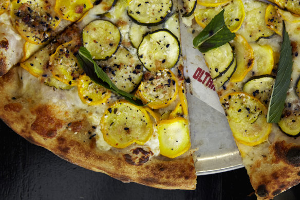 Zucchini Lamborghini pizza with ricotta, mint and everything bagel crumbs.