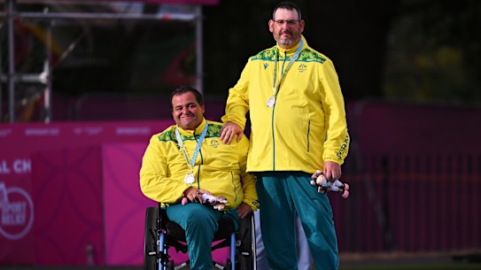 Australia’s Damien Delgado and Chris Flavel after winning a silver medal in the para men’s pairs event (B6-B8).