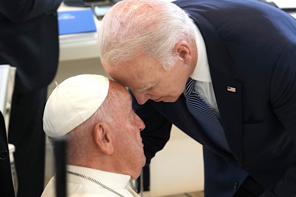 Former US president Joe Biden greets Pope Francis before a meeting on the sidelines of the G7 summit in Borgo Egnazia, Italy, on  June 14, 2024.