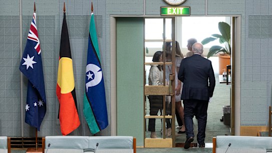 Former prime minister Scott Morrison exits the House of Representatives after his valedictory speech.