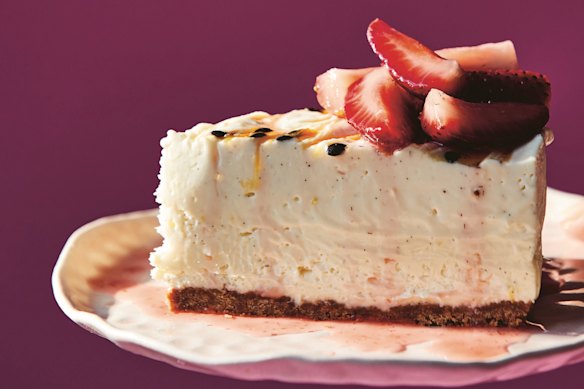 White chocolate gives this strawberry and passionfruit cheesecake a luscious mouthfeel.