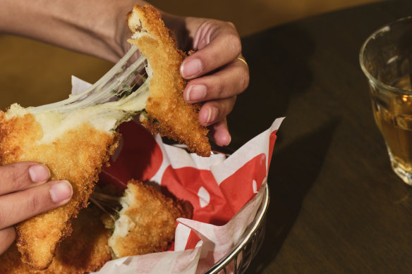 Deep-fried basil, anchovy and mozzarella jaffles.