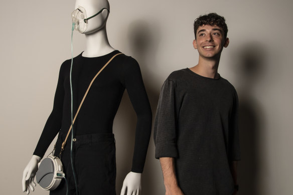  Matthew Langsam with his design project Oxyreel, a wearable supplemented oxygen device, entered in the 2020 HSC.