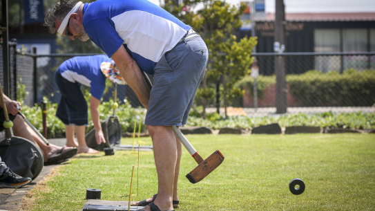 Trugodor Justin Mansfield wields his mallet at the Footscray Trugo Club.
