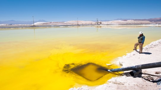 Evaporation ponds in the Atacama Desert, Chile. The sun evaporates the water, leaving lithium chloride.