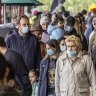 Shoppers wear masks at South Melbourne Market yesterday as Melbourne’s COVID-19 restrictions continued. 