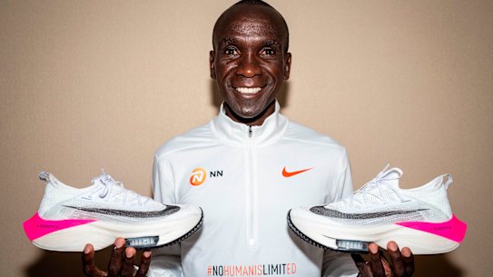 Eliud Kipchoge wore an iteration of the Vaporfly shoes when he ran the first sub-two hour marathon in Vienna last year.