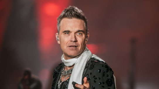 Robbie Williams performs at AAMI Park on Wednesday night.