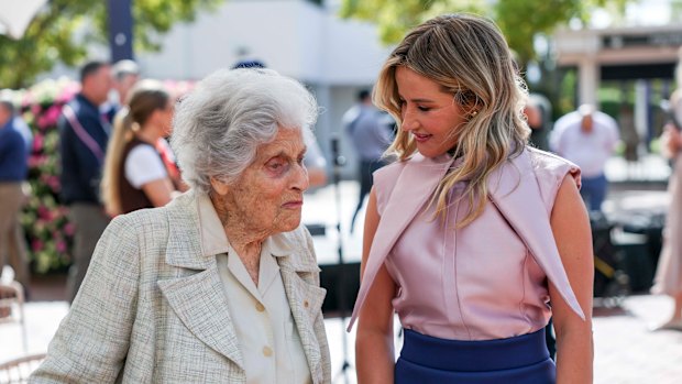 Michelle Payne with Lady Marigold Southey AC who funded her statue at Flemington Racecourse.