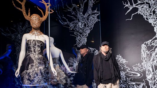 Opening of the Alexander McQueen exhibition at the NGV. Designer Michael Schmidt with some of his commissioned headpieces.
