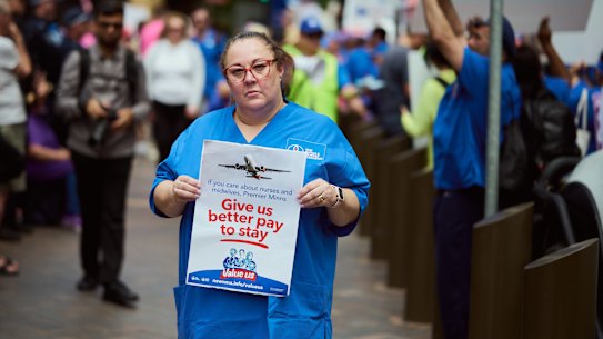 Colette Duff at the nurses’ protest outside State Parliament during their 24-hour strike on Wednesday.