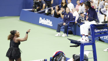 Williams gestures towards chair umpire Carlos Ramos during her US Open final defeat.