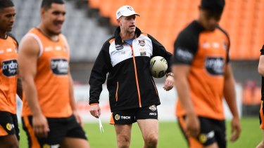 Wests Tigers coach Michael Maguire barking instructions.