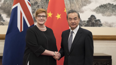 A warm encounter between Australian Foreign Minister Marise Payne and Chinese Foreign Minister Wang Yi in Beijing.