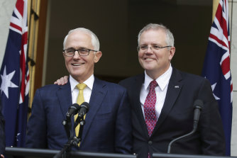 Malcolm Turnbull and his then Treasurer Scott Morrison in 2018 o<em></em>nly days before he was replaced as prime minister.