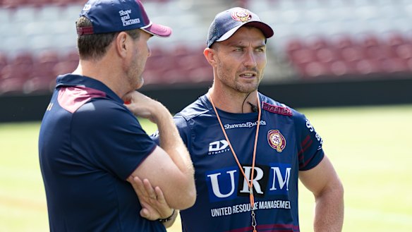 Manly interim coach Kieran Foran with chief executive Jason King.