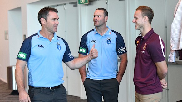 Easy: Brad Fittler has a laugh with Boyd Cordner and Daly Cherry-Evans.