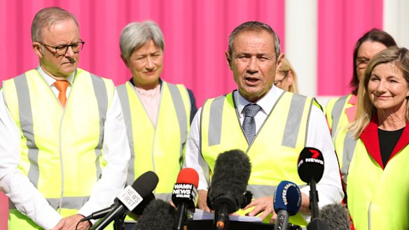 WA premier Roger Cook at a press conference with prime minister Anthony Albanese on Thursday.