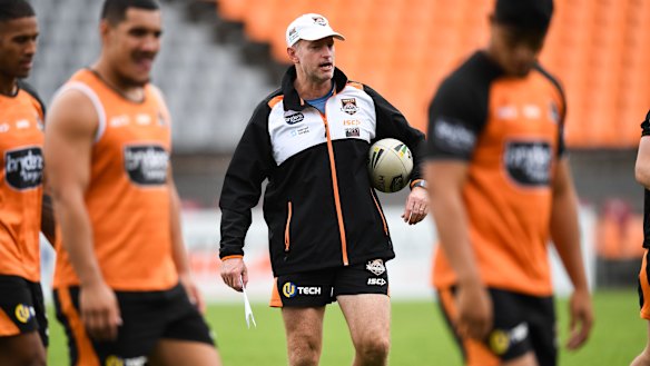 Wests Tigers coach Michael Maguire barking instructions.