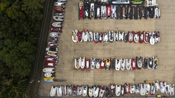 A storage yard for the dinghies and rowing boats previously used by migrants to cross the English Channel from France in Dover, England.