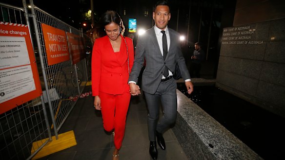 Israel Folau and wife Maria Folau leave the Federal Court after a 12-hour mediation with Rugby Australia on Monday.