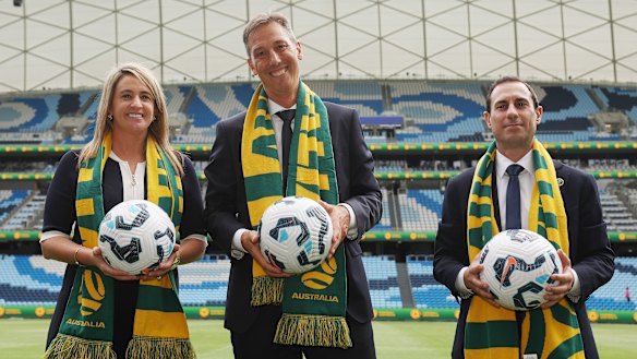 Football Australia chief executive Martin Kugeler (centre) with Heather Garrick, executive general manager of football, and chairman Anter Isaac.