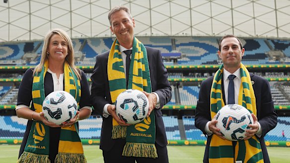 Football Australia chief executive Martin Kugeler (centre) with Heather Garrick, executive general manager of football, and chairman Anter Isaac.
