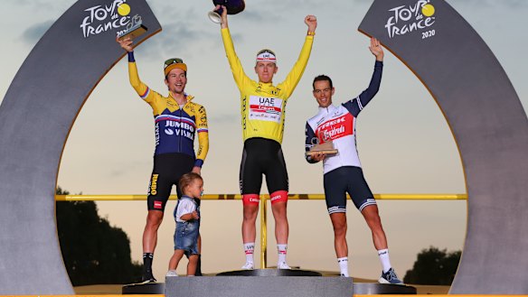 Tour de France winner Tadej Pogacar on the top step with Primoz Roglic (left) and Richie Porte (right).