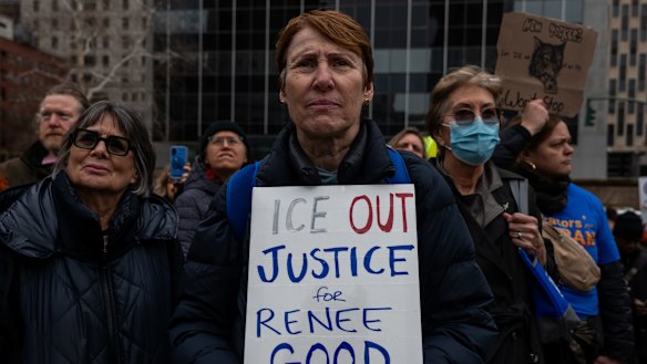People rally in New York to demand an end to immigration deployments after the fatal shooting of Renee Good.