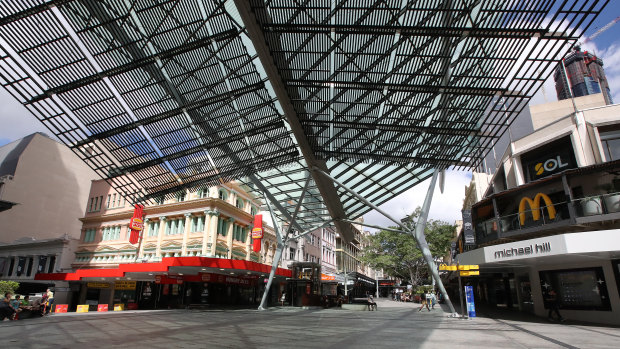 An empty Queen Street Mall, at the height of the COVID-19 restrictions in March.