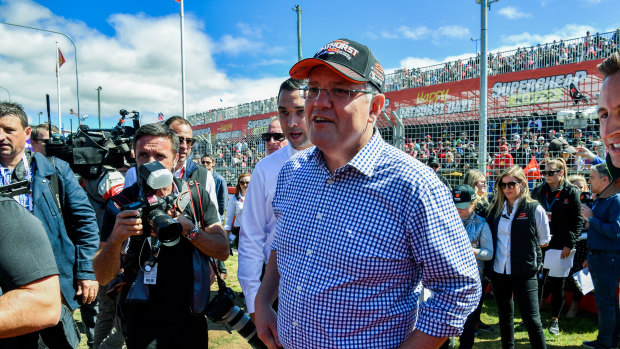 Prime Minister Scott Morrison during his visit to the Bathurst 1000 race.