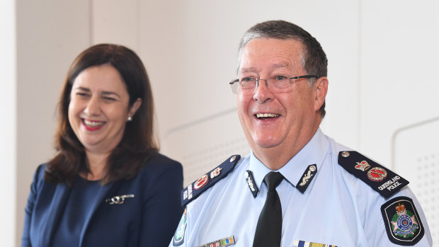 Queensland Premier Annastacia Palaszczuk (left) is seen with Queensland Police Commissioner Ian Stewart at a press conference to announce his retirement.
