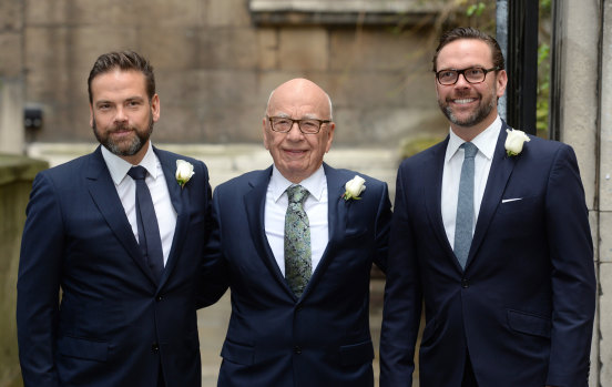Rupert Murdoch flanked by sons Lachlan, left, and James at Rupert and Jerry Hall's wedding blessing at St Brides Church in Fleet St, London, in 2016. 