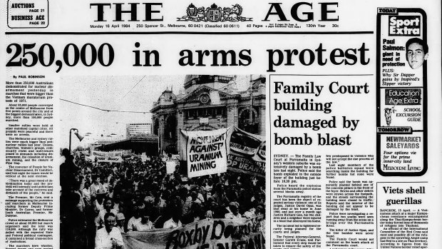 Front page of The Age on April 15, 1984 - "250,000 in arms protest".