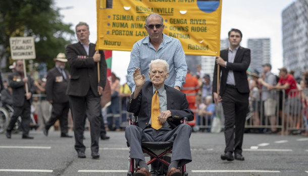 World War II Private Noel Pilcher and his son-in-law Russell Mayhew in the 2019 Anzac Day parade. 