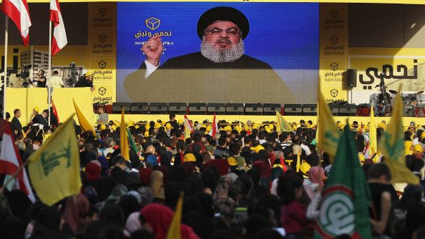 Hezbollah leader Sayyed Hassan Nasrallah delivers a broadcast speech during an election campaign in Beirut last month.