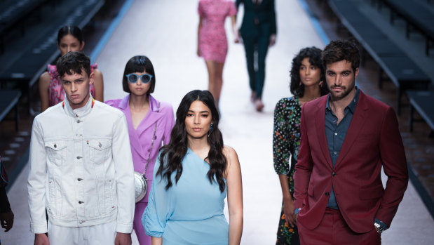 If you buy one thing ... model Jessica Gomes (centre) leads the line-up at rehearsals for the David Jones show at VAMFF on Monday.
