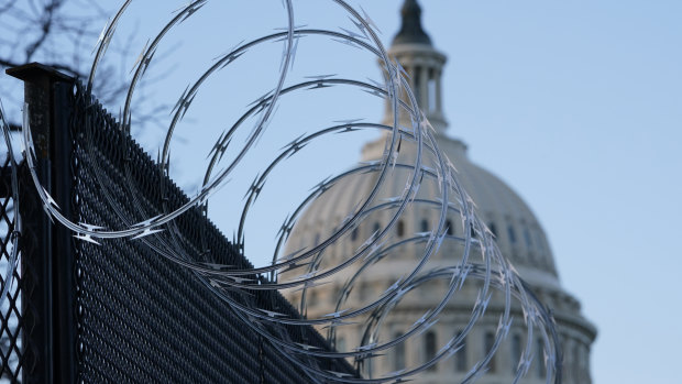 Fencing and razor wire outside the Capitol in Washington.