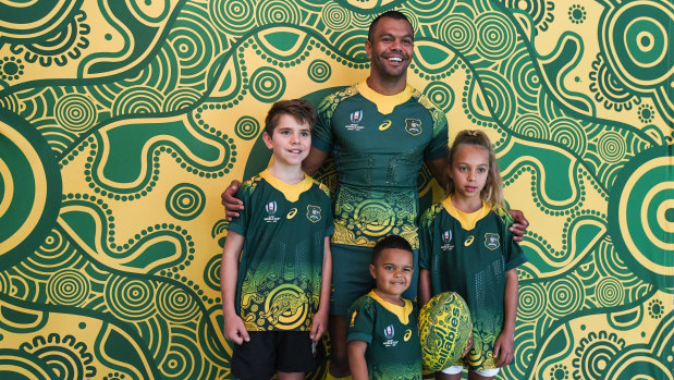 Proud: Kurtley Beale unveils Australia's Indigenous jersey that will be worn against Uruguay at the Rugby World Cup. 