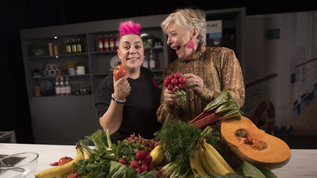 Chefs Maggie Beer and Anna Polyviou at the Good Food and Wine Show in Melbourne.