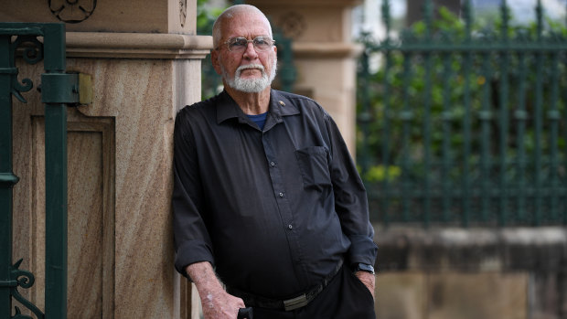 Child abuse survivor Allan Allaway, 78, outside Parliament House in Brisbane on Tuesday.