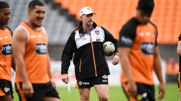 Wests Tigers coach Michael Maguire barking instructions.