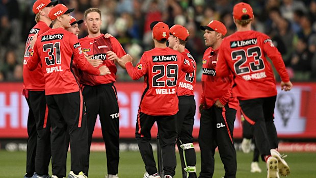 Tom Rogers of the Renegades celebrates the wicket of Joe Clarke of the Stars.