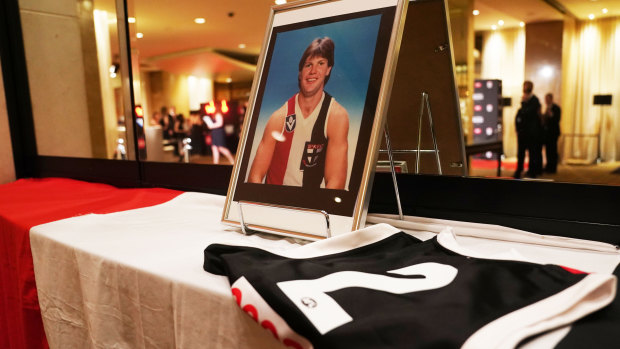 A tribute to former St Kilda player Danny Frawley at the 2019 Trevor Barker Award presentation at Crown Palladium in Melbourne on Wednesday night.