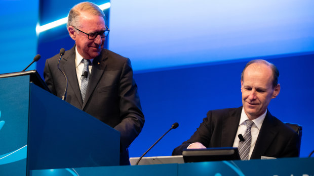 ANZ chairman David Gonski and CEO Shayne Elliott at the bank's annual general meeting in Perth. Mr Gonski conceded that his bank had at times been too focused on short-term earnings.