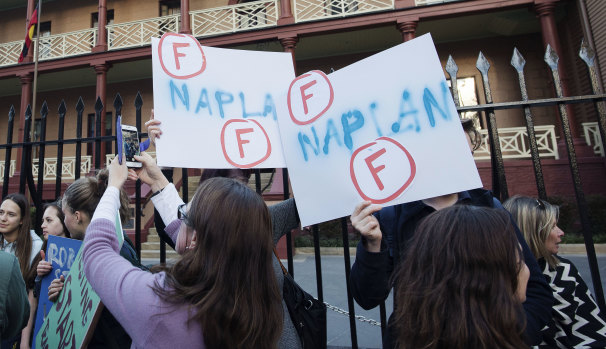 Students protest against NAPLAN at the NSW Parliament last year.