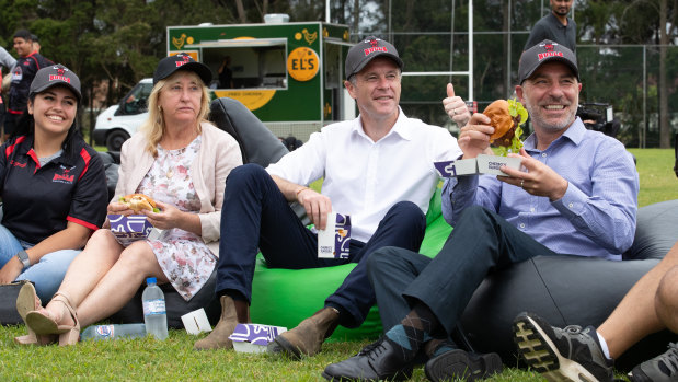 NSW Labor leader Chris Minns attends a Super Bowl party for Bankstown local Jordan Mailata.